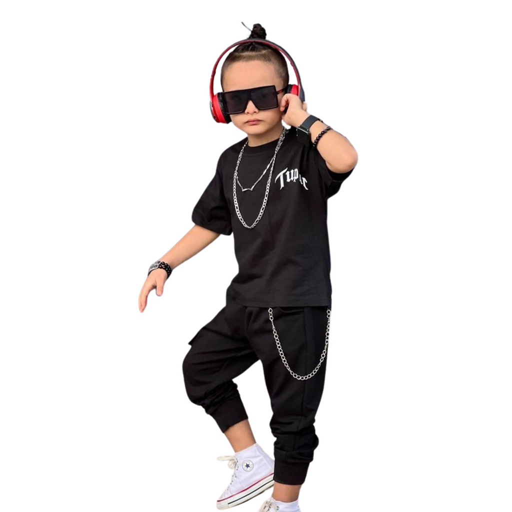 Tupac rap boys jogger set in grey cotton with short-sleeved graphic tee and matching pants — view 2