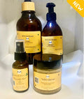 Ultimate Iteru hair care set in stylish amber bottles with bamboo nozzles, scalp scrub, and conditioner