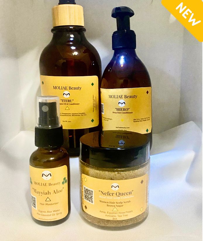 Ultimate Iteru hair care set in stylish amber bottles with bamboo nozzles, scalp scrub, and conditioner