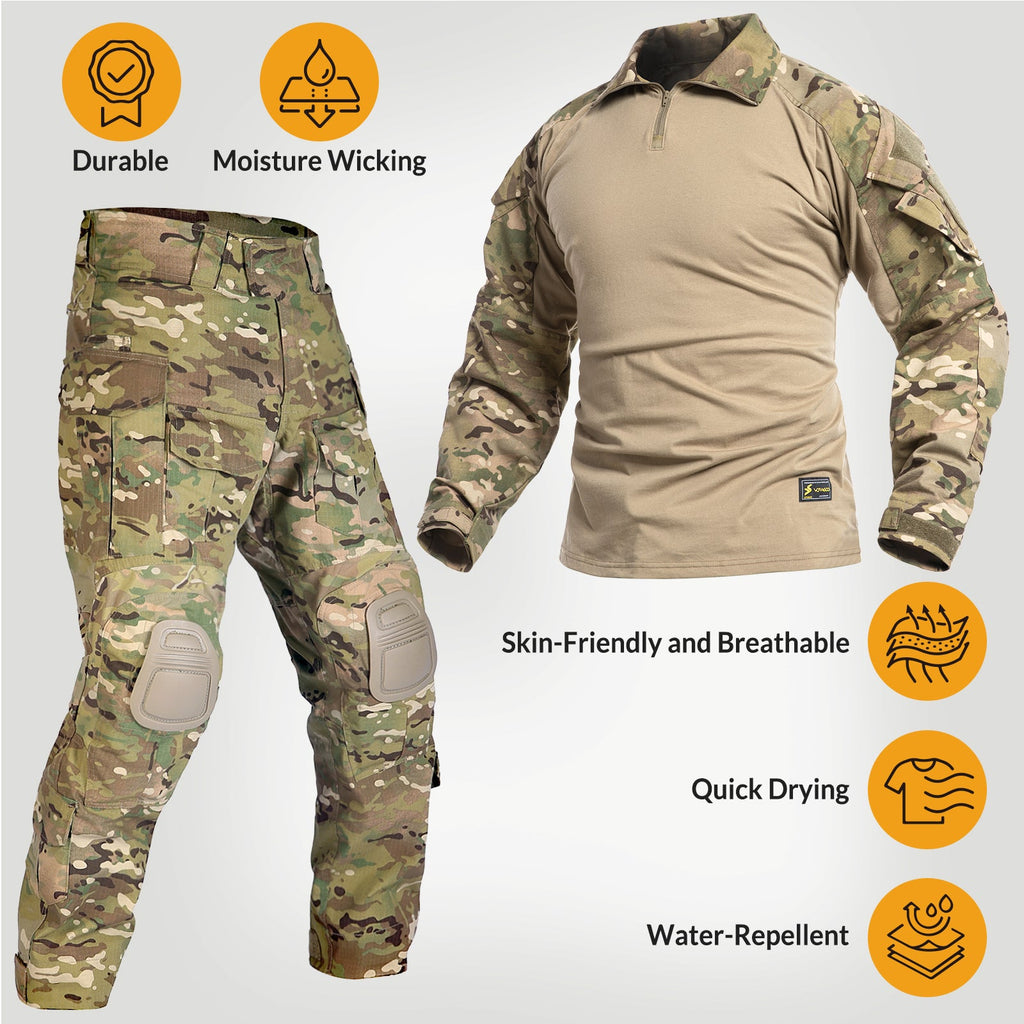 G3 tactical combat uniform set in multicam pattern featuring shirt, pants, and integrated protective pads — view 3