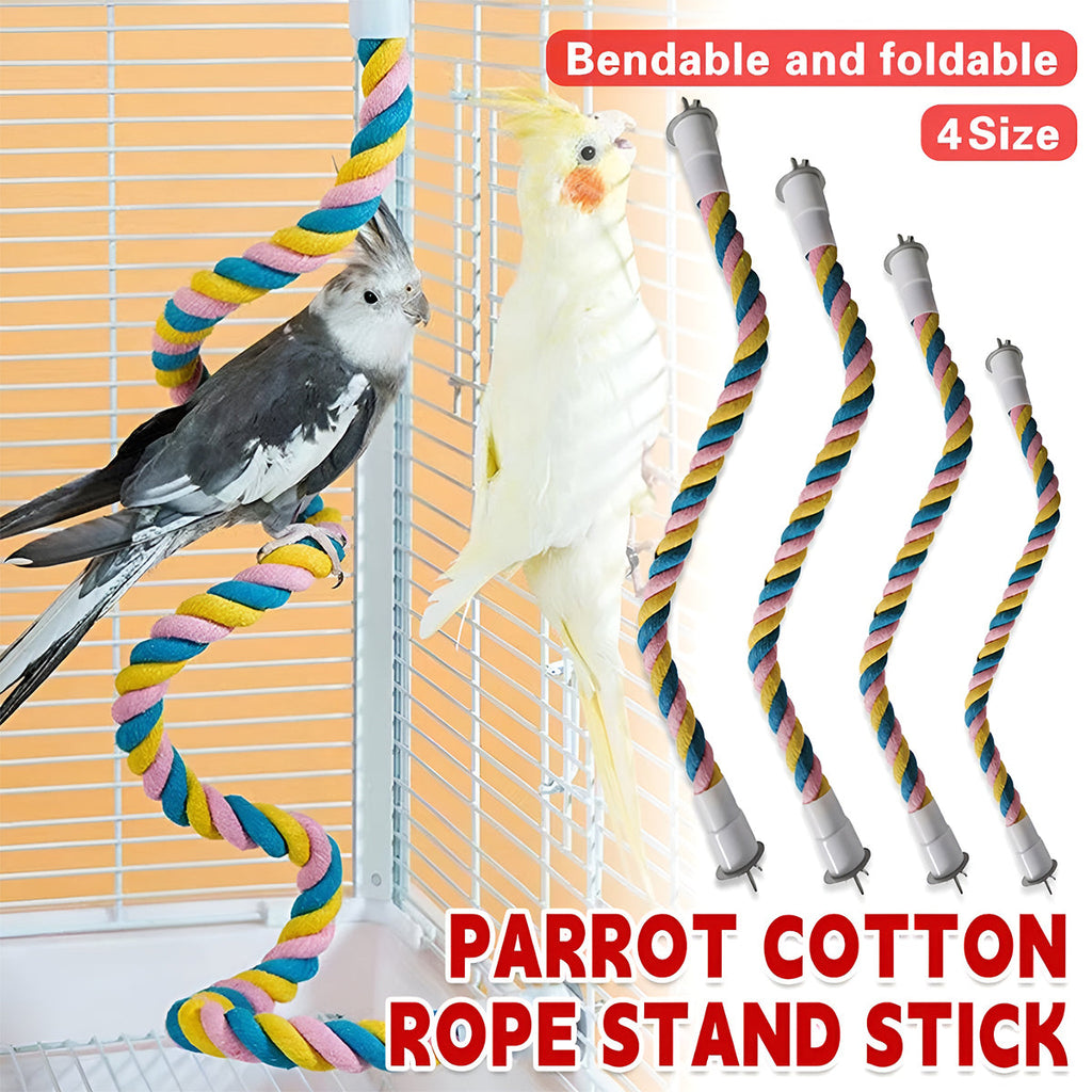 Flexible multicolour U-shaped cotton rope bird perch and climbing toy with metal screw attachments.
