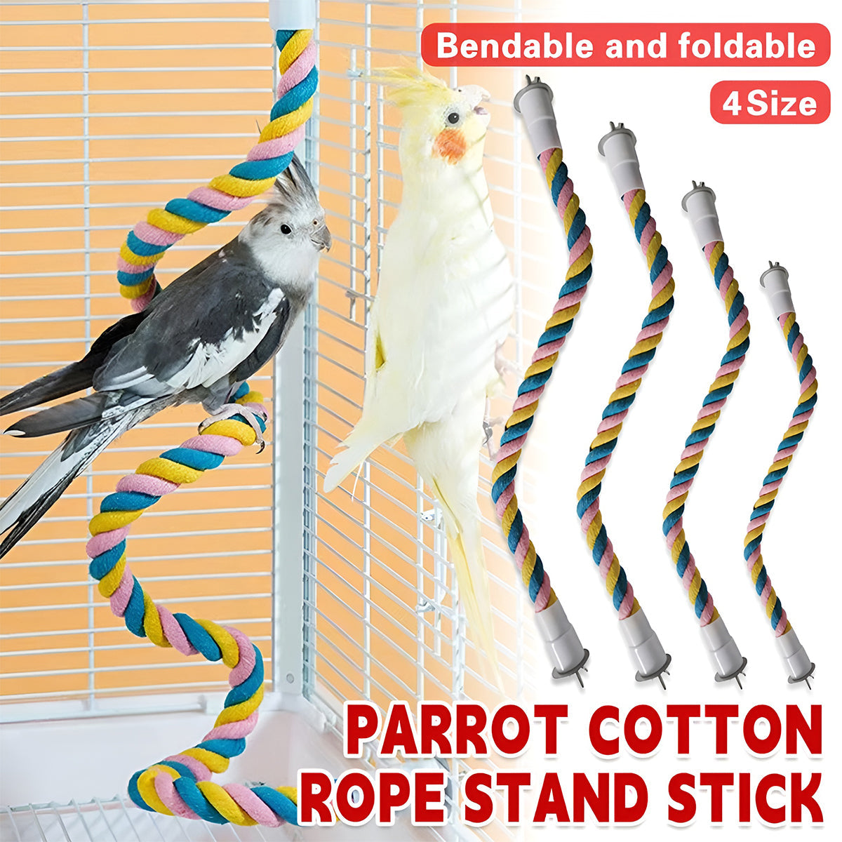 Flexible multicolour U-shaped cotton rope bird perch and climbing toy with metal screw attachments.