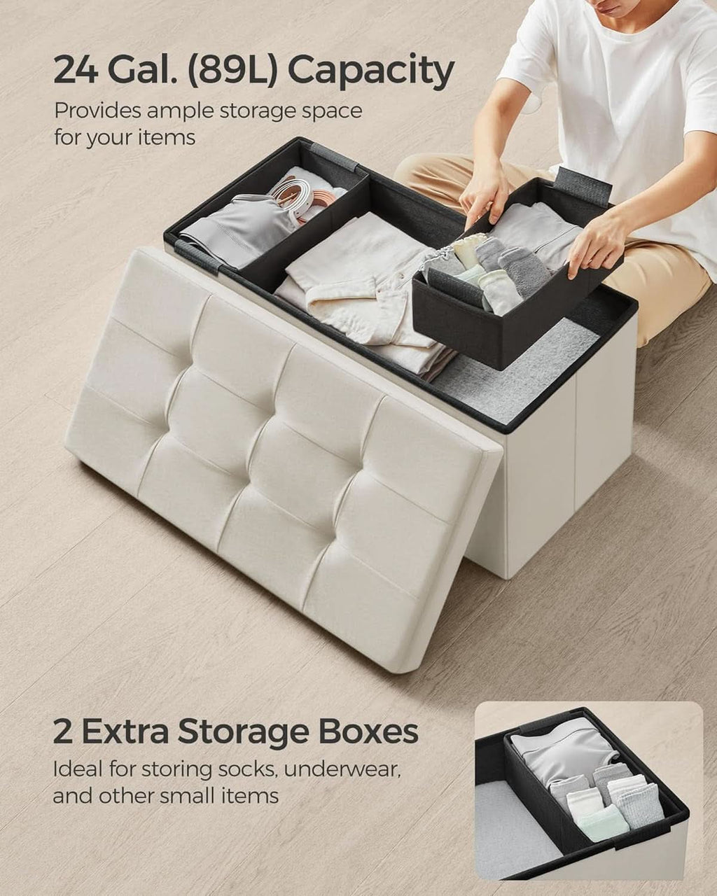Cream white velvet foldable storage ottoman bench with tufted lid and spacious internal storage compartment — view 5