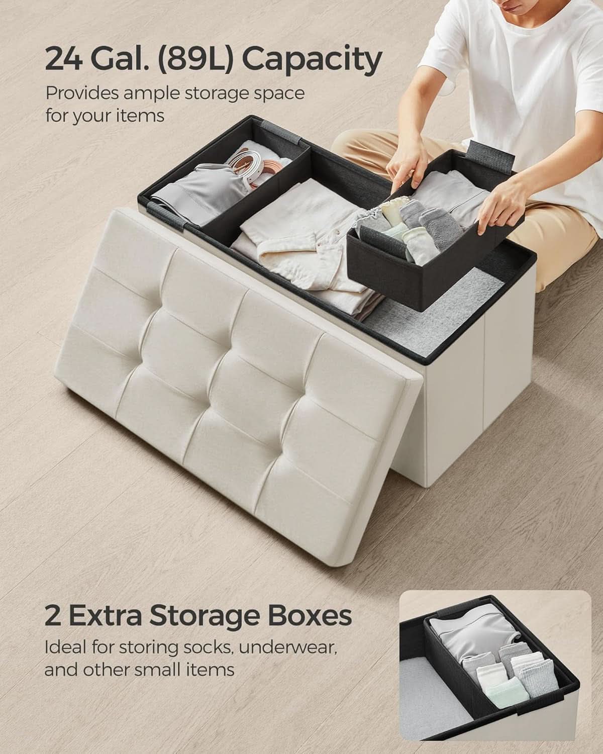 Cream white velvet foldable storage ottoman bench with tufted lid and spacious internal storage compartment — view 5