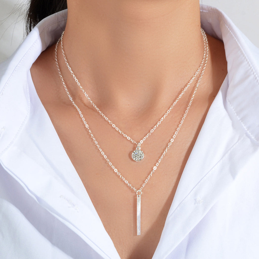 Double layer chain necklace with round charm and bar drop pendant for party and everyday wear — view 5