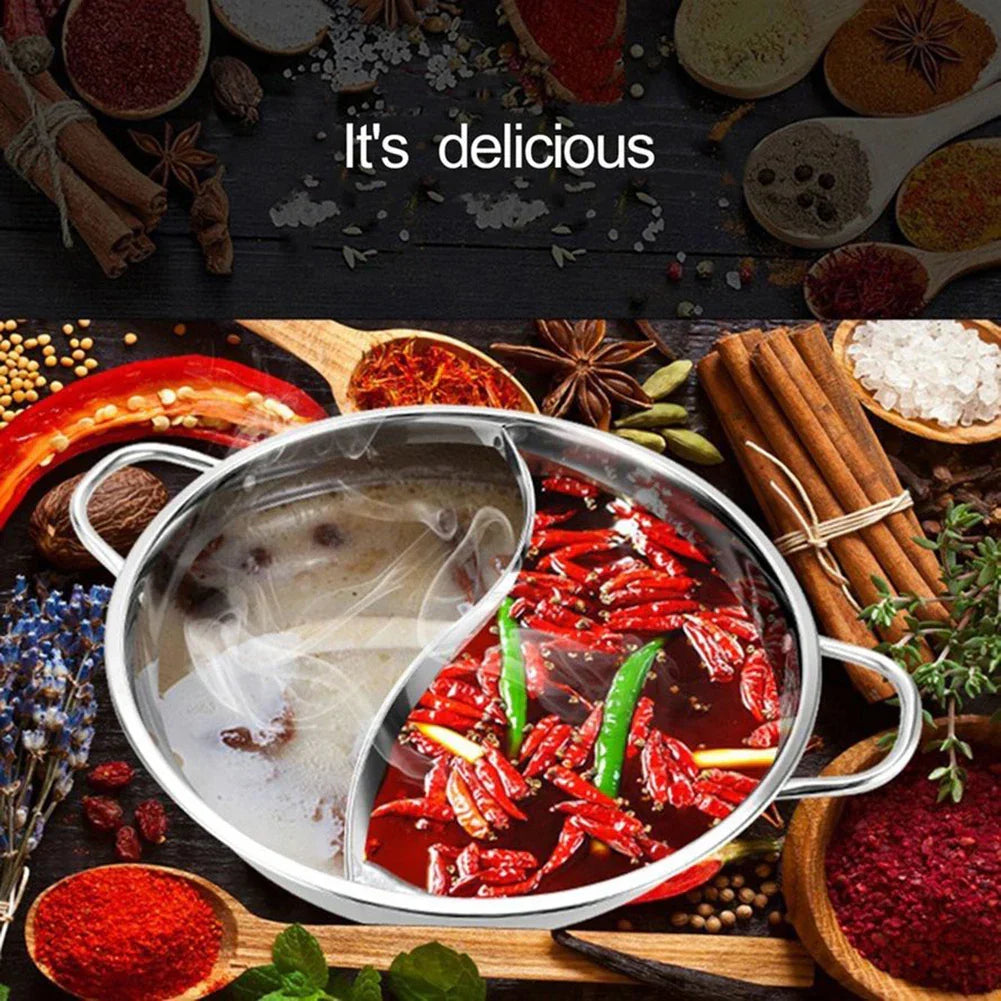 Silver 30cm stainless steel twin divided hot pot for double flavor cooking and family dinners — view 2