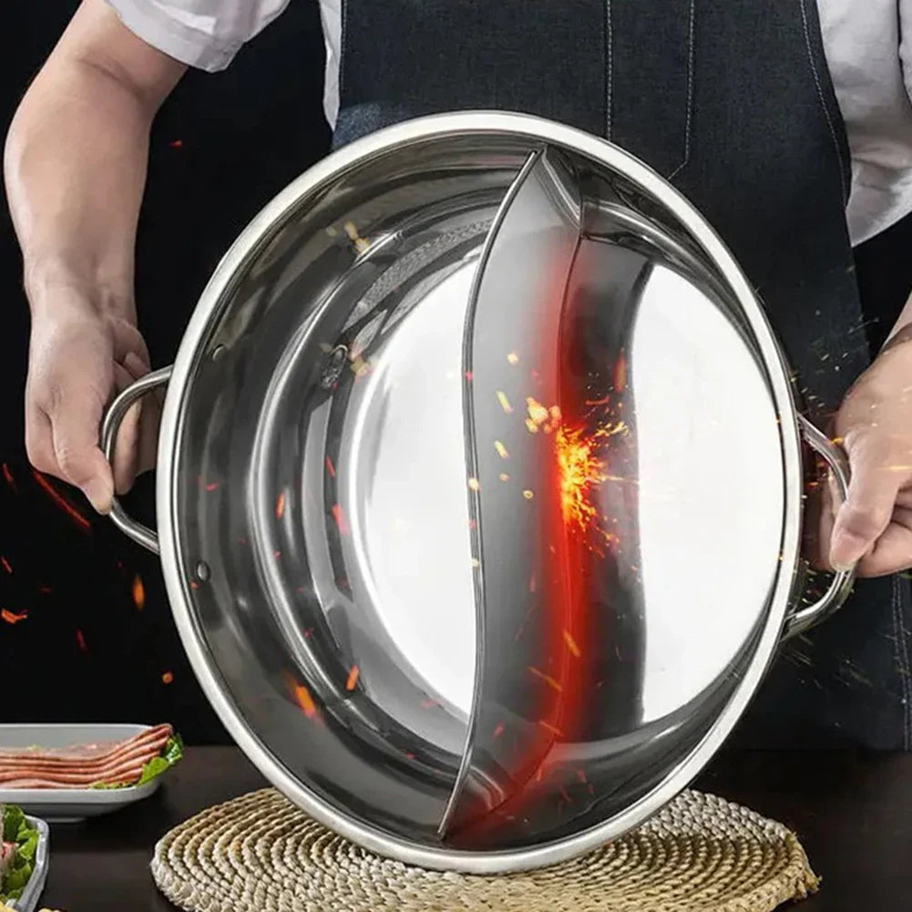 Silver 30cm stainless steel twin divided hot pot for double flavor cooking and family dinners — view 3