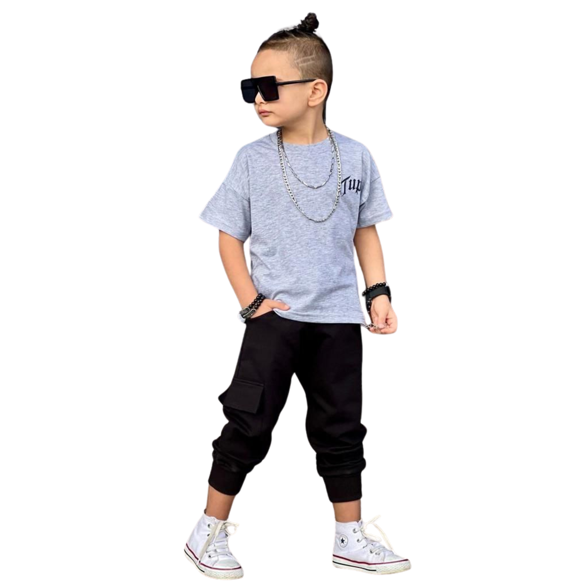 Tupac rap boys jogger set in grey cotton with short-sleeved graphic tee and matching pants