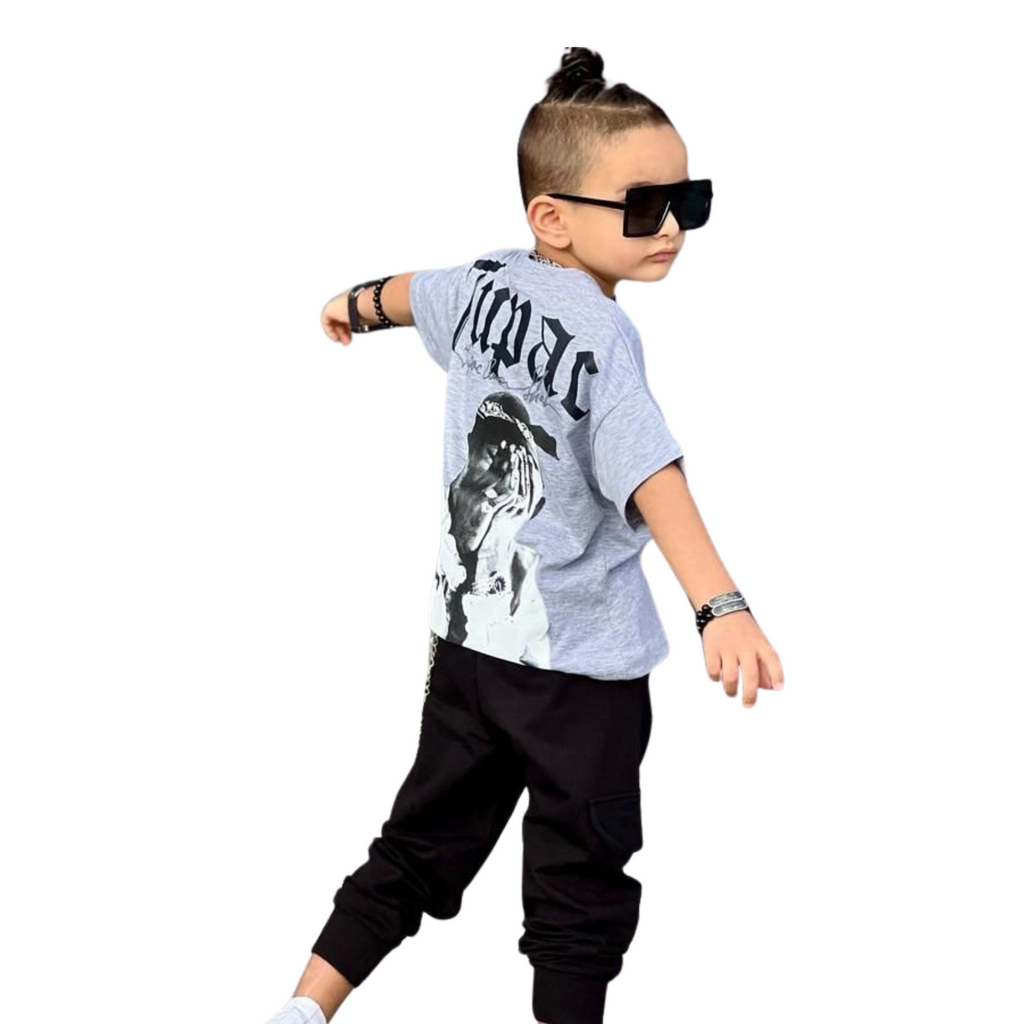 Tupac rap boys jogger set in grey cotton with short-sleeved graphic tee and matching pants — view 4
