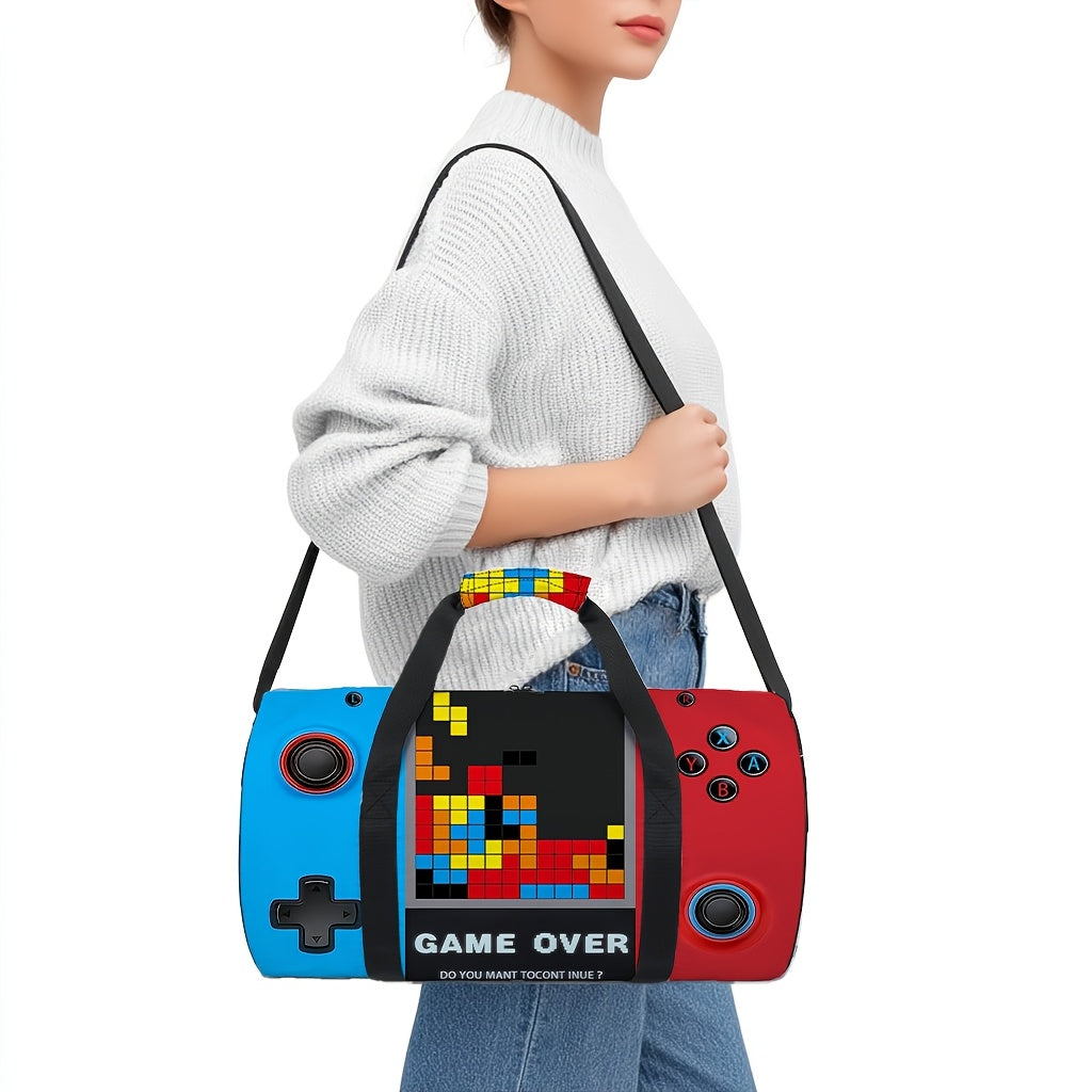 Cylindrical game controller print travel duffel bag with black adjustable shoulder strap and handheld handles — view 2