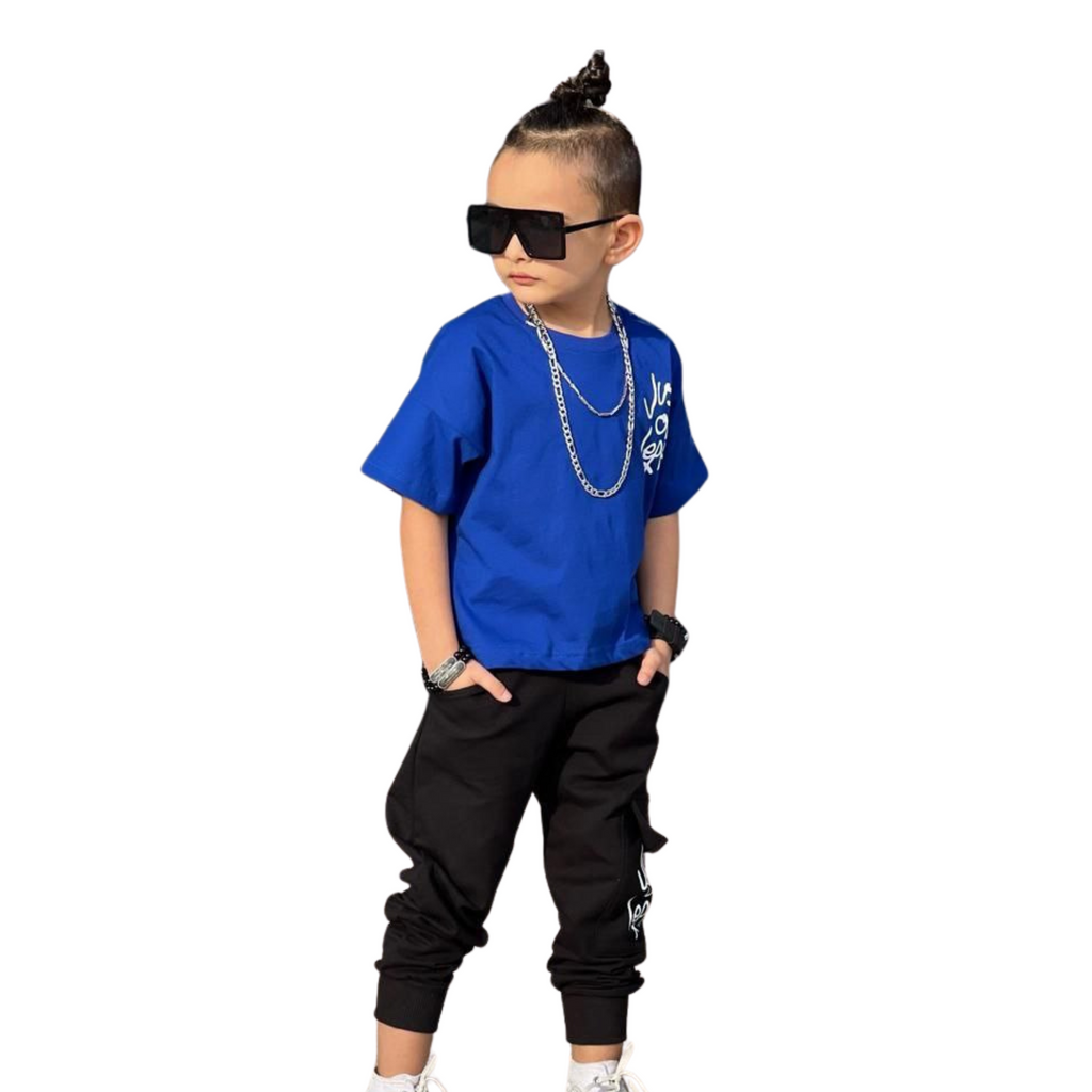 Blue cotton boys jogger set featuring a short-sleeved graphic t-shirt and matching elastic cuff pants — view 2