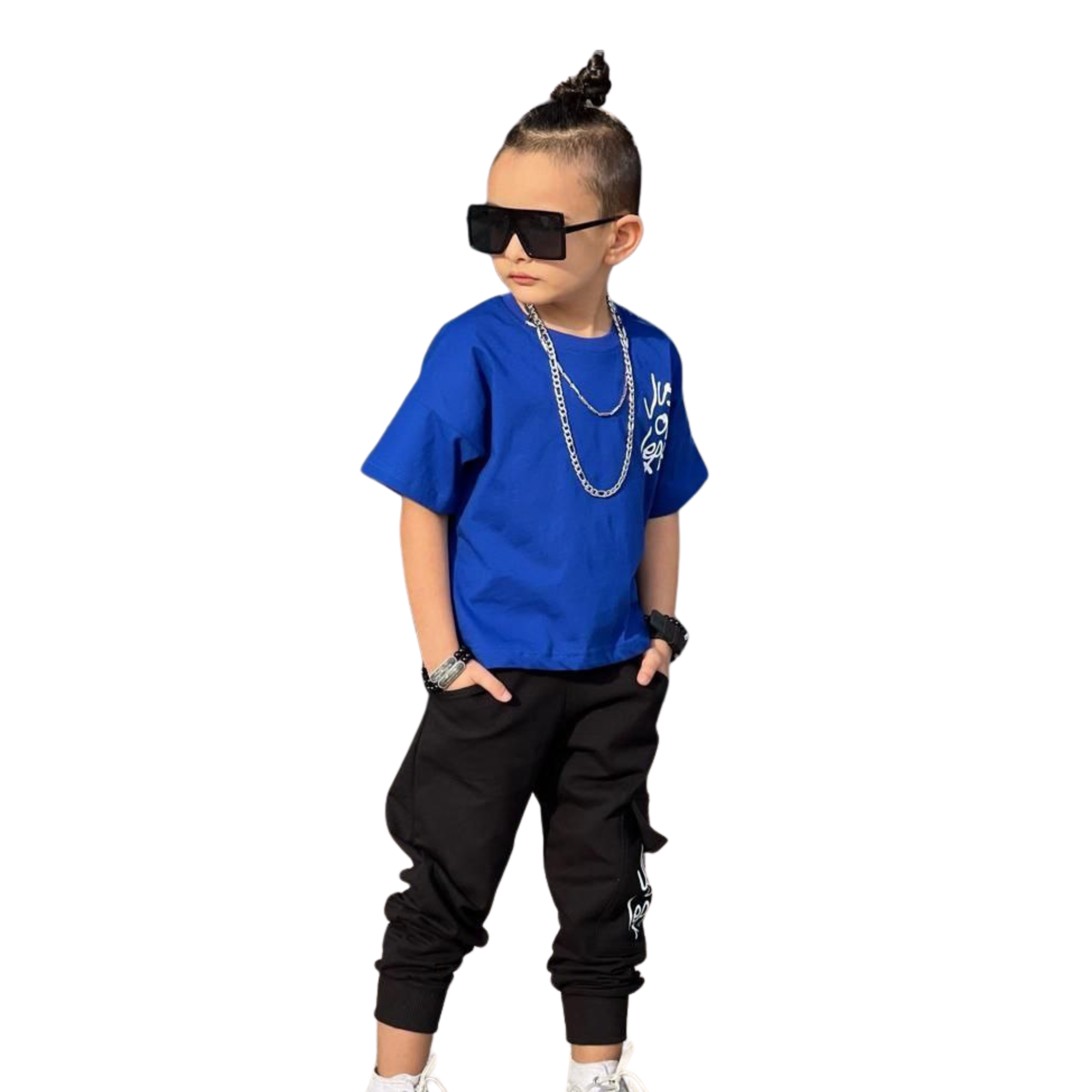Blue cotton boys jogger set featuring a short-sleeved graphic t-shirt and matching elastic cuff pants — view 2