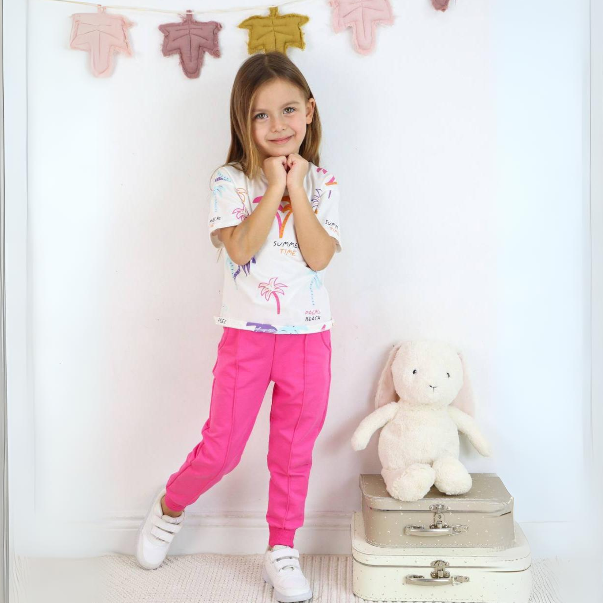 Aqua blue Kissing Palms girls cotton jogger set featuring printed top and matching comfortable sweatpants — view 5