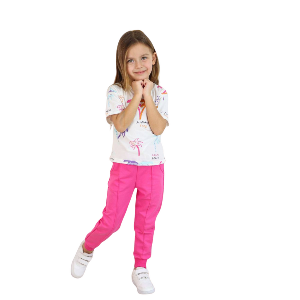 Aqua blue Kissing Palms girls cotton jogger set featuring printed top and matching comfortable sweatpants — view 4