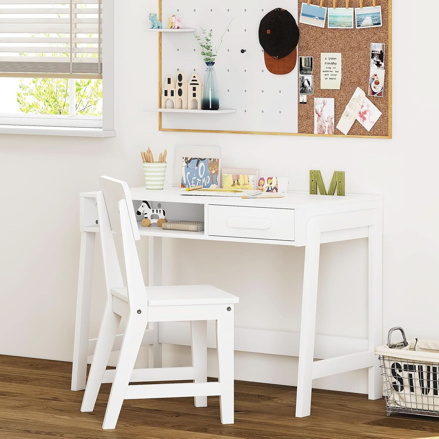 Wooden kids desk and chair set with storage drawers and tabletop organizer in a modern style — view 2