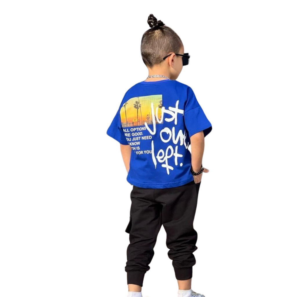 Blue cotton boys jogger set featuring a short-sleeved graphic t-shirt and matching elastic cuff pants — view 3