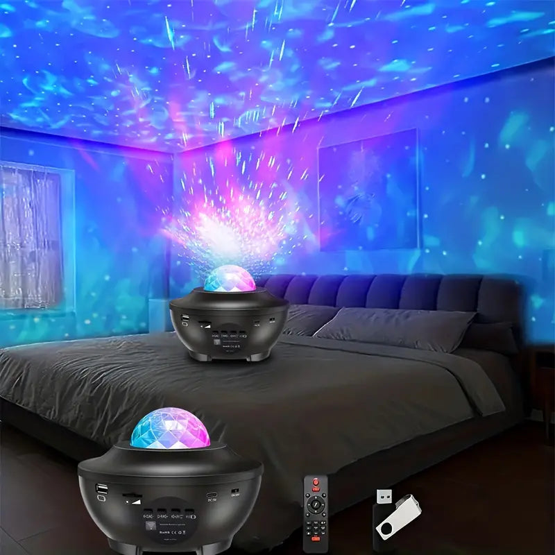 Black tabletop galaxy star projector emitting vibrant ocean wave and led cloud lights — view 4