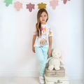 Aqua blue Kissing Palms girls cotton jogger set featuring printed top and matching comfortable sweatpants