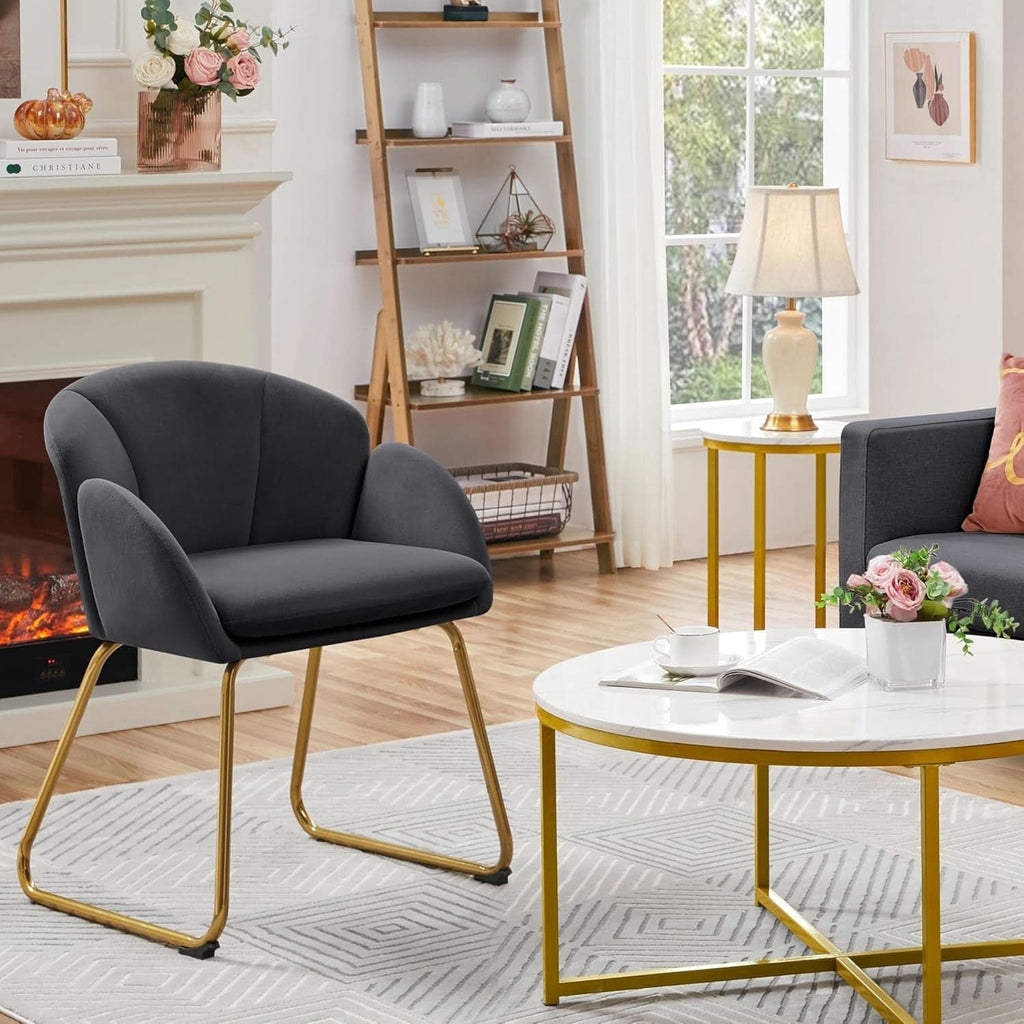 Dark gray flower shaped velvet armchair featuring golden metal legs and blooming petal backrest — view 2