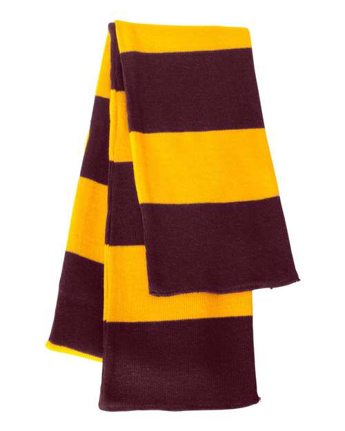 Classic rugby-striped knit winter scarf laid flat showing soft acrylic fabric texture and vintage pattern — view 3