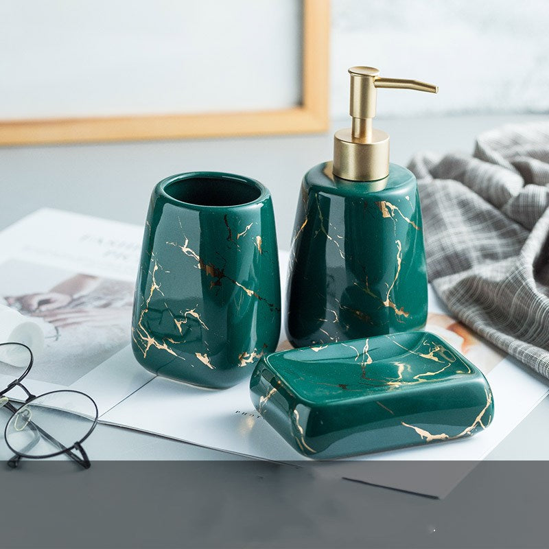 Ceramic bathroom soap dispenser and toothbrush holder set with modern golden marble effect — view 4