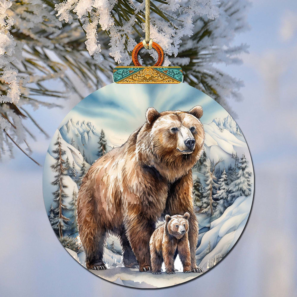Grizzly bear with cub wooden ornament handcrafted birch plywood wildlife Christmas decor