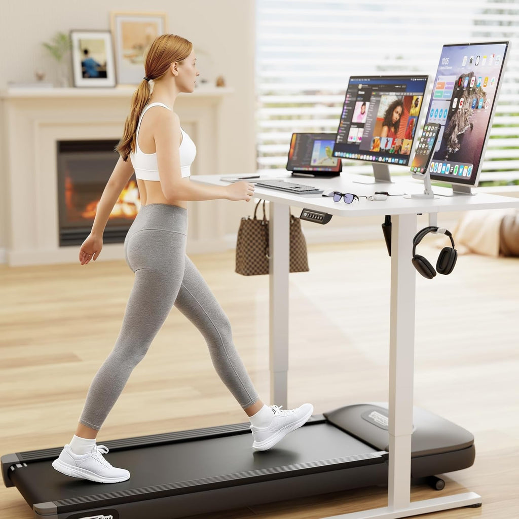 White electric standing desk with adjustable height steel frame and spacious eco-friendly desktop. — view 2