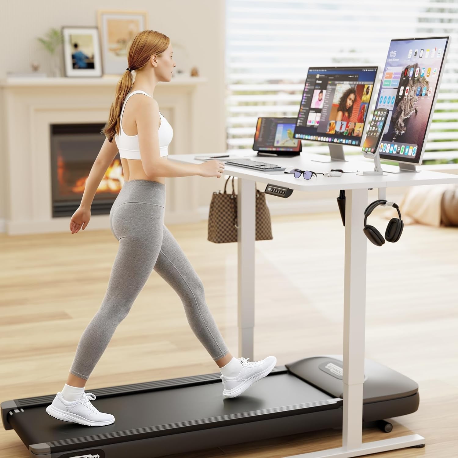 White electric standing desk with adjustable height steel frame and spacious eco-friendly desktop. — view 2