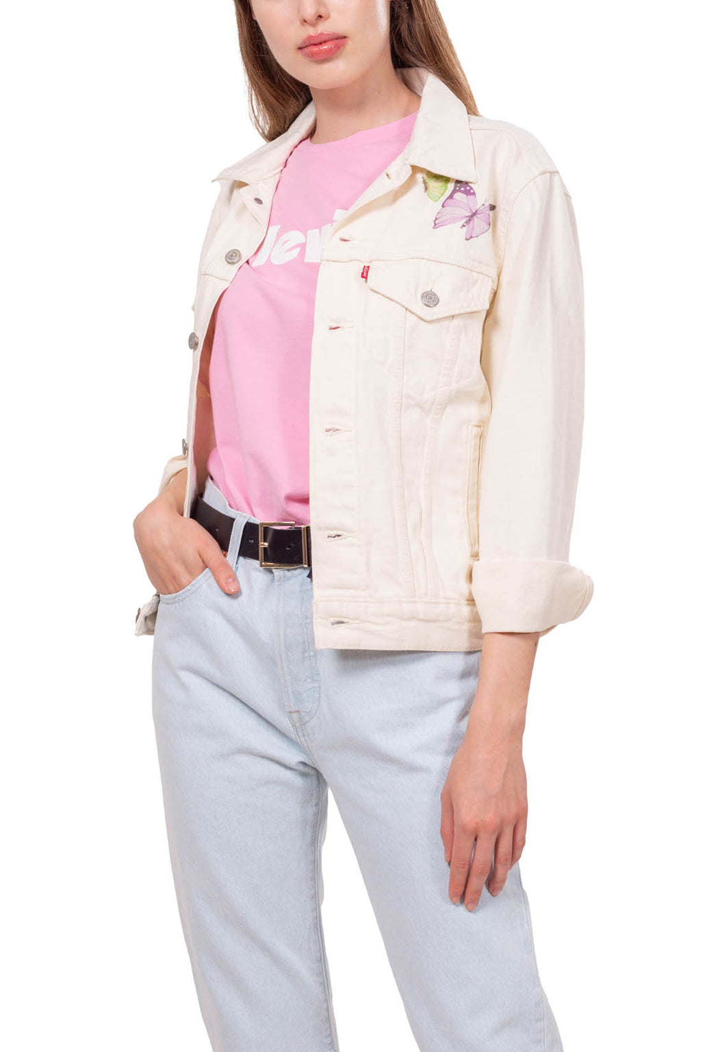 Cream white women's denim jacket featuring a contrasting butterfly graphic print and front button fastening — view 8