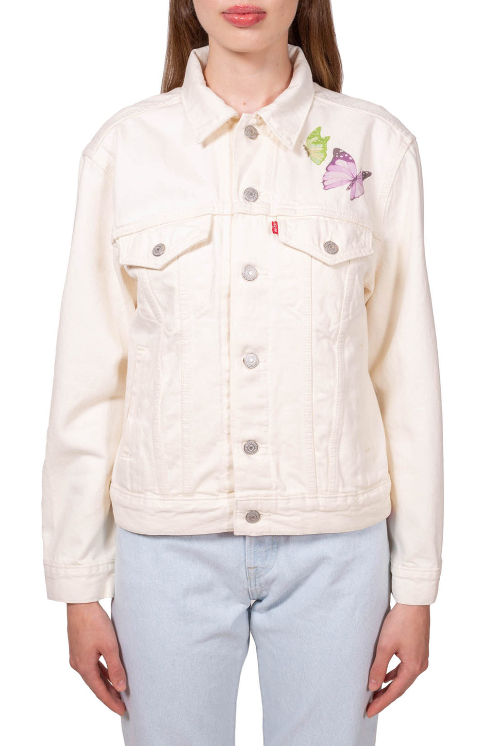 Cream white women's denim jacket featuring a contrasting butterfly graphic print and front button fastening — view 2