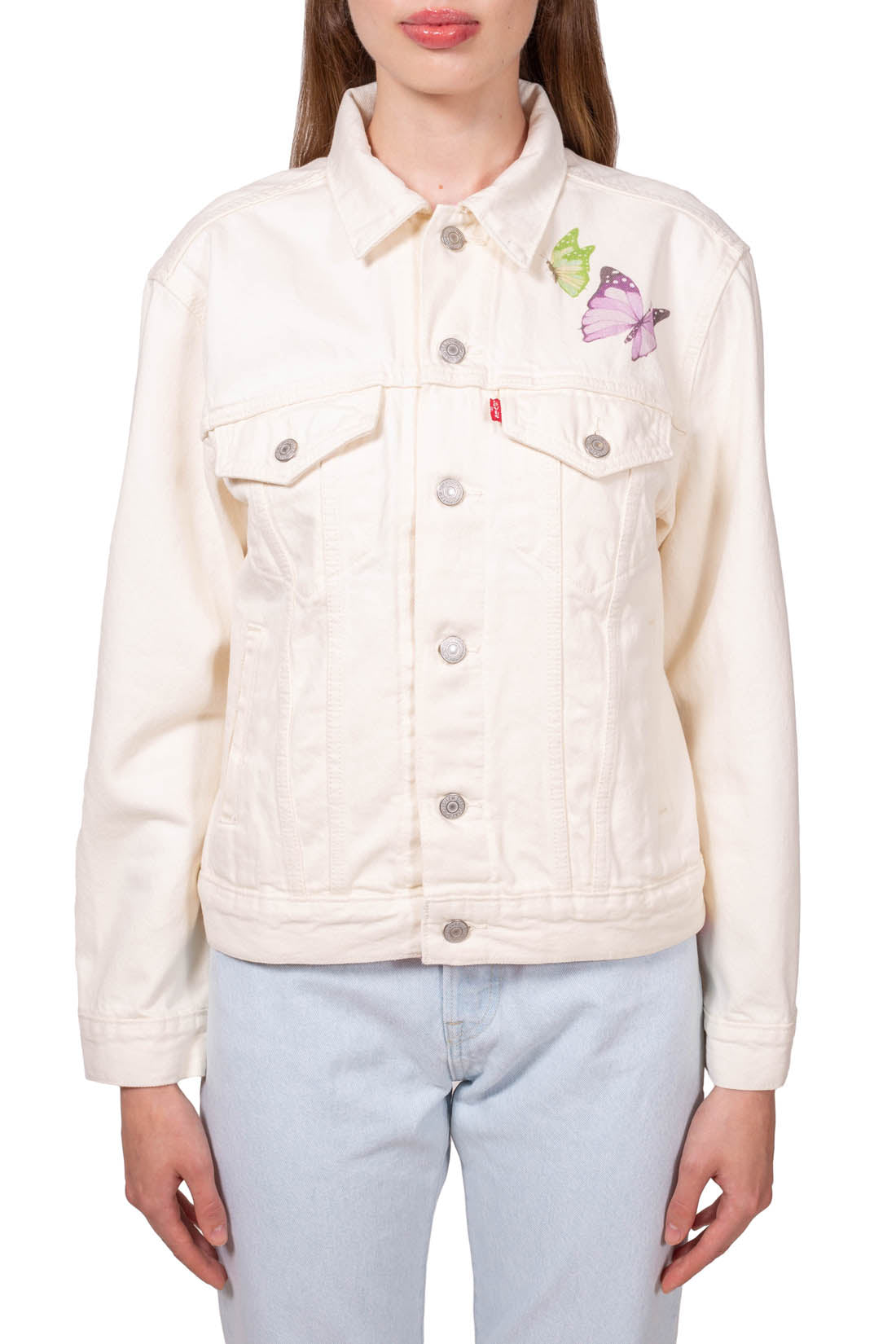 Cream white women's denim jacket featuring a contrasting butterfly graphic print and front button fastening — view 2