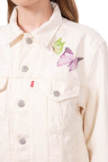 Cream white women's denim jacket featuring a contrasting butterfly graphic print and front button fastening