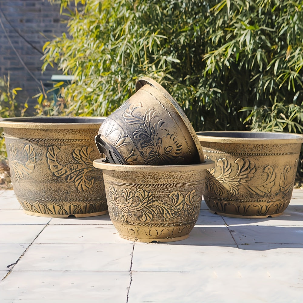 Round bronze resin planter pot with geometric pattern for garden and outdoor decor styling — view 2