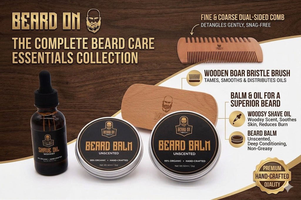 Organic beard grooming kit with oil bottle balm tin boar bristle brush and wooden comb