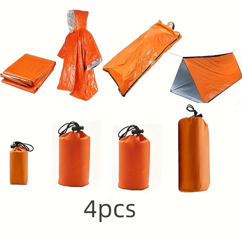 Four-piece outdoor survival tube tent and thermal blanket set in lightweight silver polyethylene material. — view 5