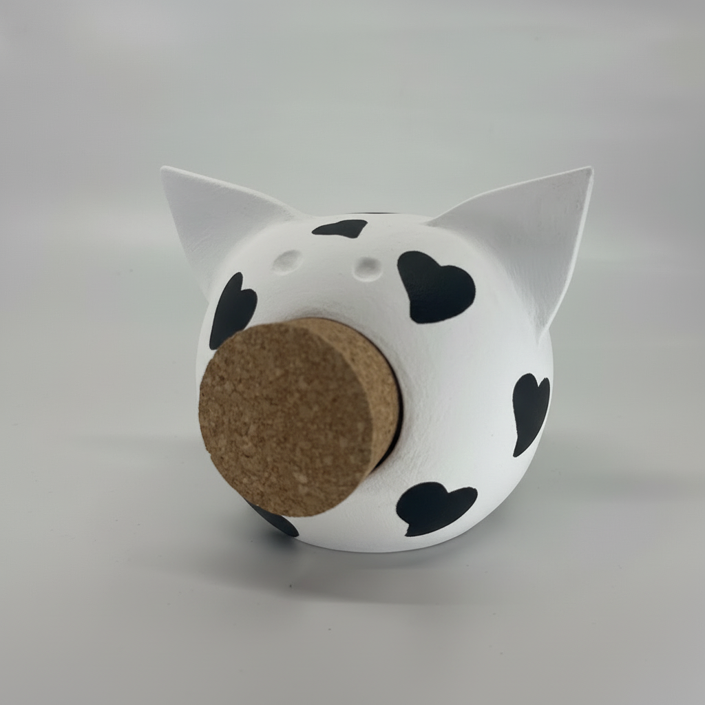 Queen of Hearts ceramic piggy bank in white with hand-painted black heart motifs and cork snout — view 3