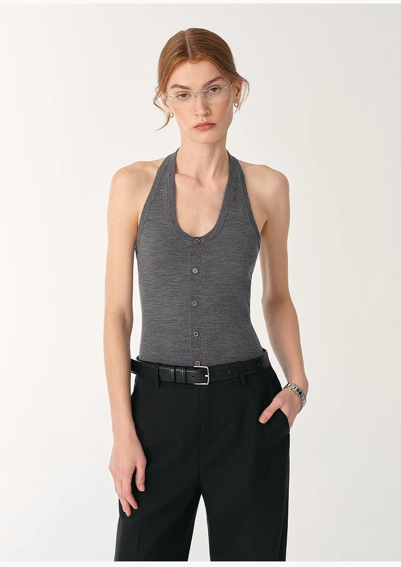 Women's slim fit wool halter neck bodysuit with shell buttons and layered snap closure. — view 5