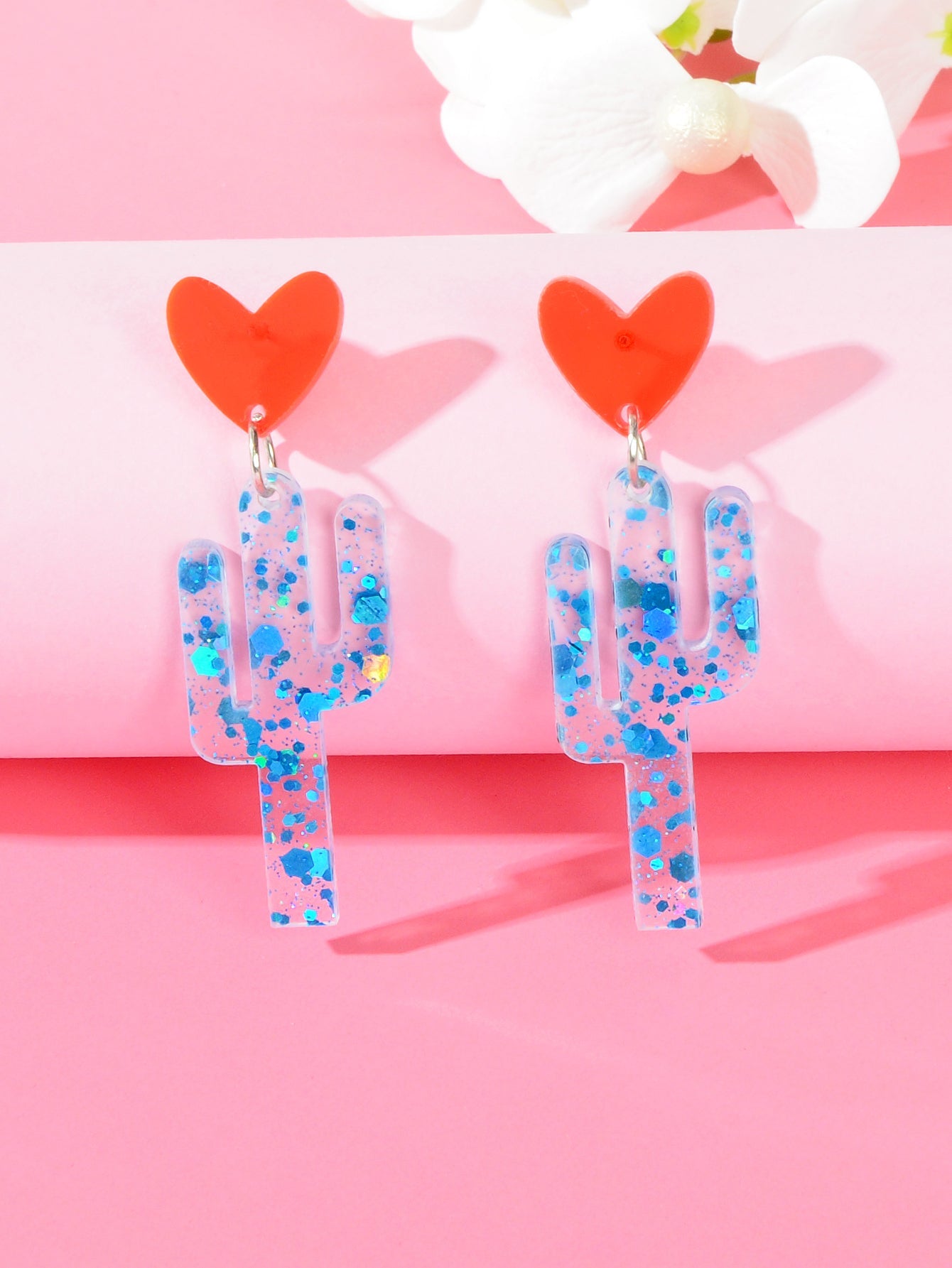 Pink sweetheart pendant dangle earrings with metal alloy hooks on a clean background — view 2