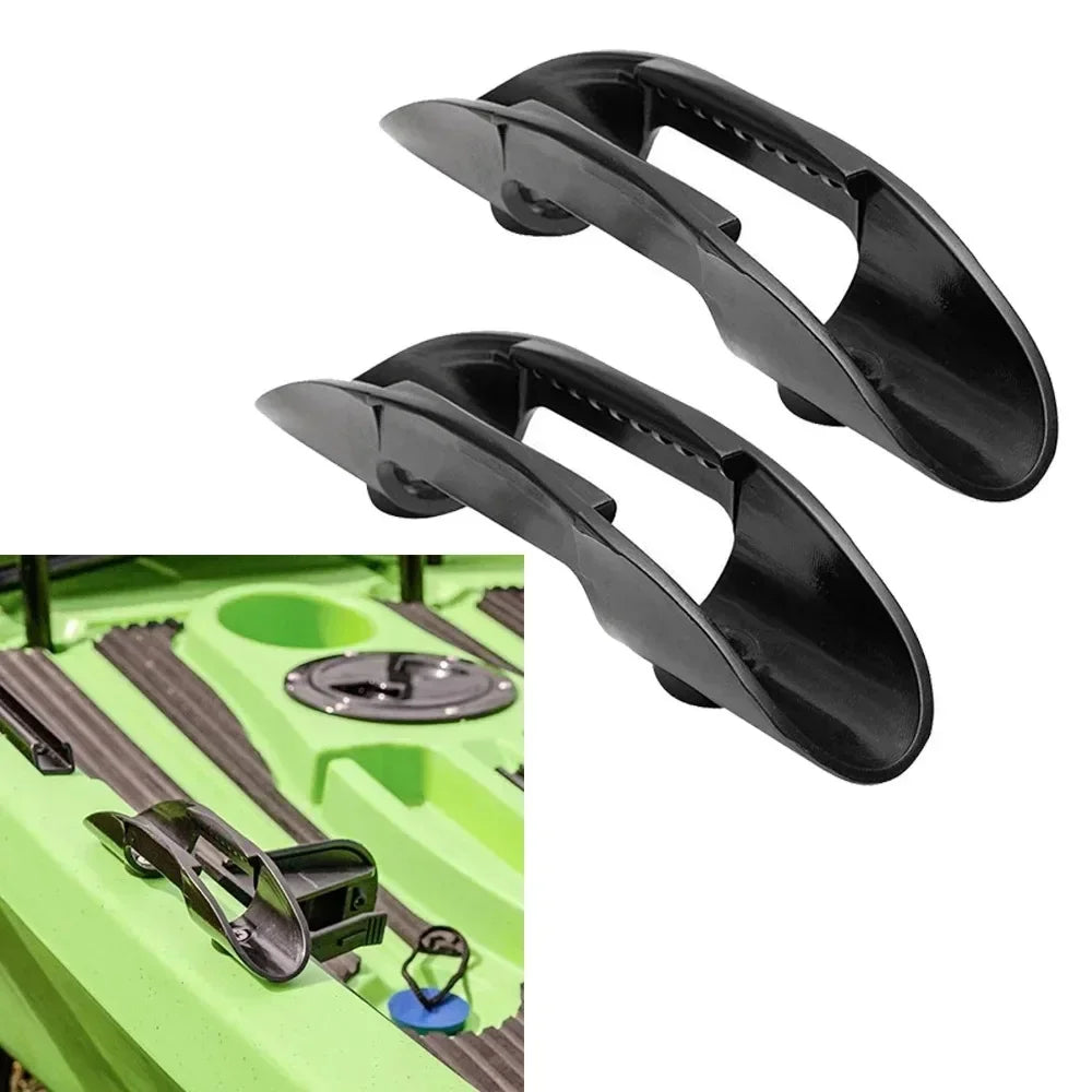 Two piece black plastic kayak canoe paddle holder clips for secure boat storage — view 2