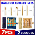 Seven piece bamboo travel cutlery set with knife fork spoon chopsticks straw and carrying pouch