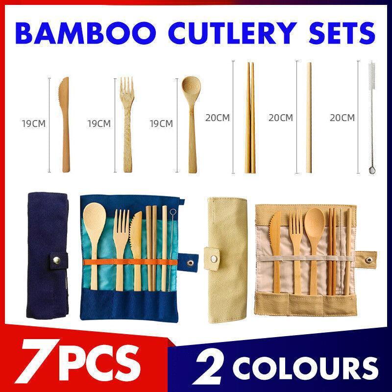 Seven piece bamboo travel cutlery set with knife fork spoon chopsticks straw and carrying pouch
