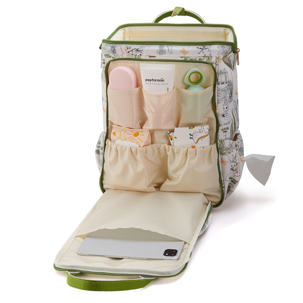 Wide open frame diaper bag backpack made of water-resistant oxford cloth with padded straps — view 5