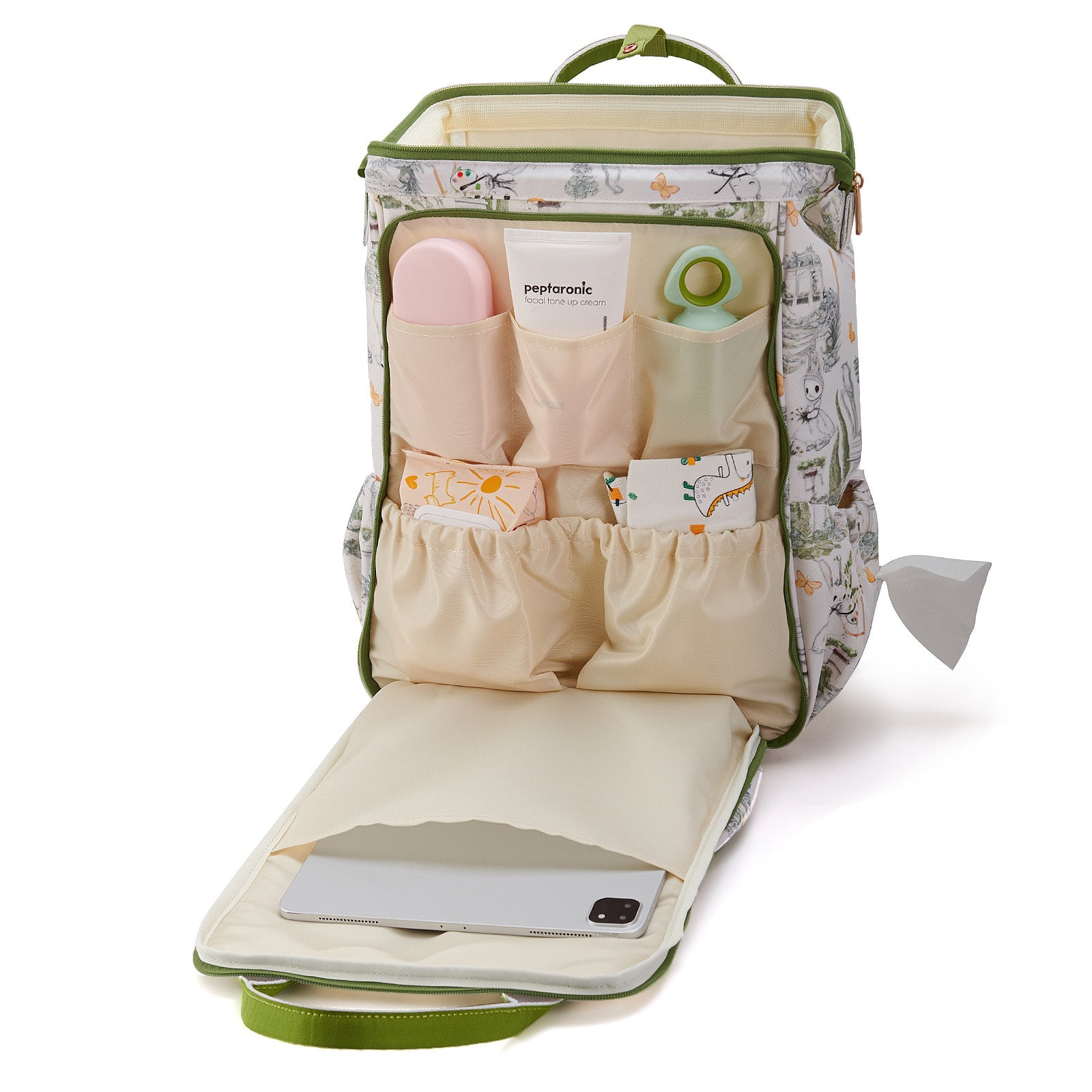 Wide open frame diaper bag backpack made of water-resistant oxford cloth with padded straps — view 5
