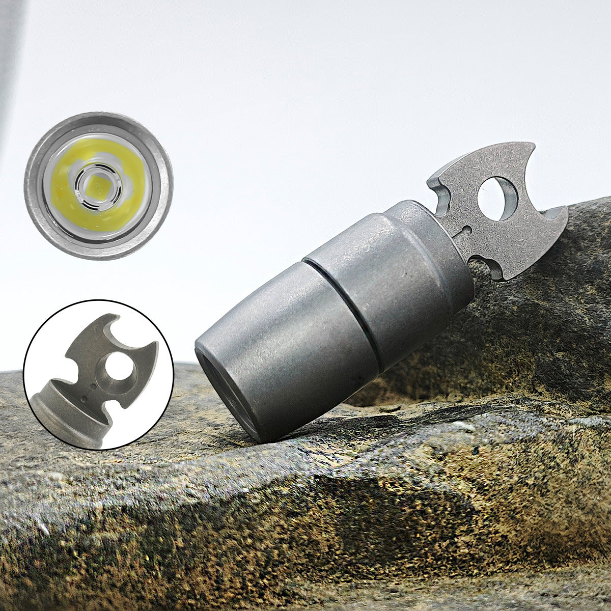 Titanium EDC keychain flashlight with integrated bottle opener attached to metal keyring on plain background