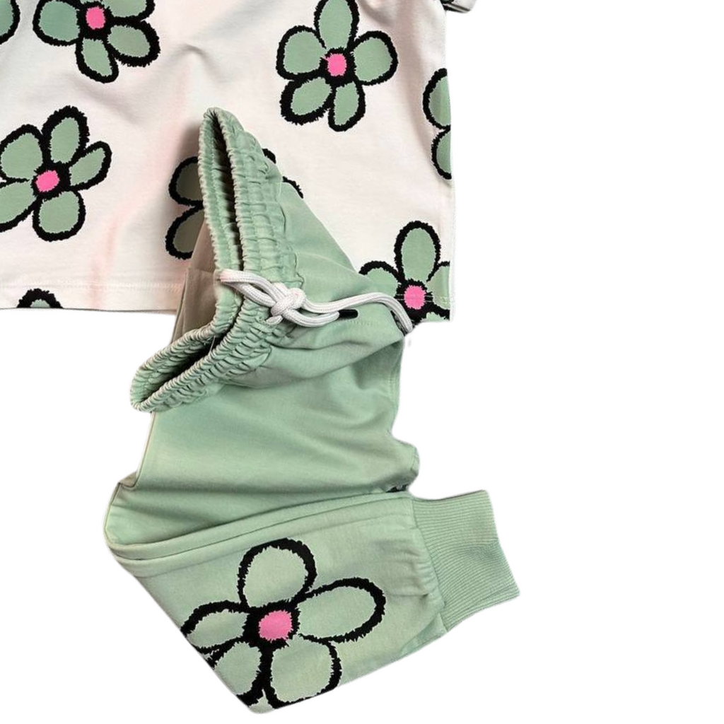 Girls green cotton jogger set featuring a printed top and matching comfortable sweatpants — view 4