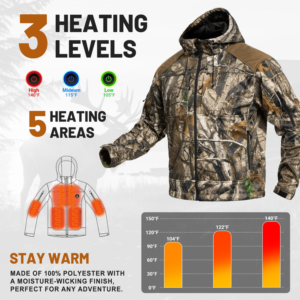 Mens waterproof heated hunting jacket with adjustable hood and multiple utility pockets — view 4