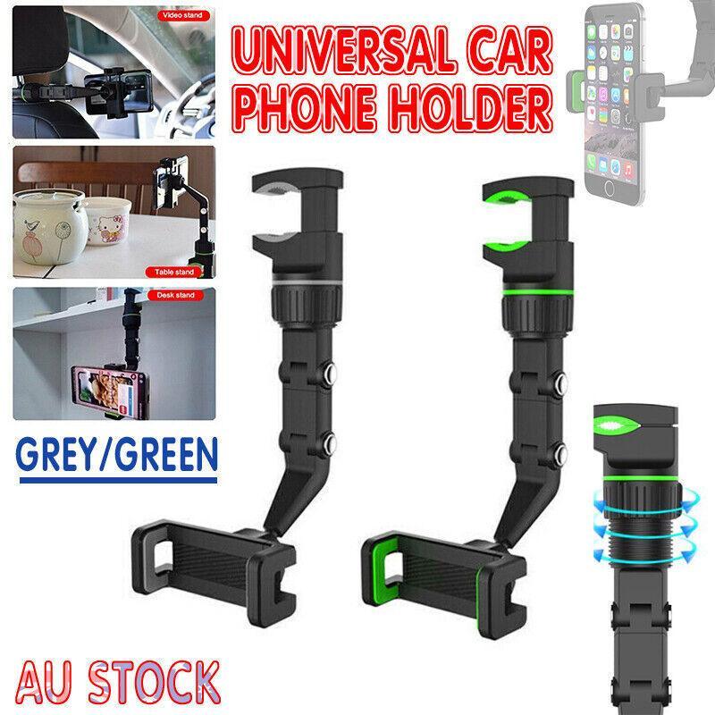 Universal rearview mirror car phone mount holder in green and grey attached to a vehicle mirror