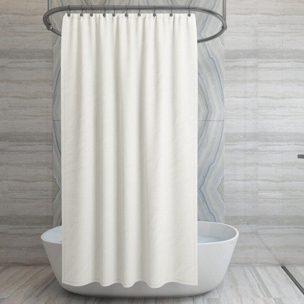 Solid EVA shower curtain in a modern bathroom, waterproof and mould-proof with hanging hooks