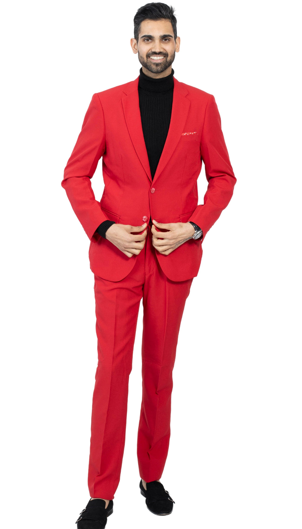 Paul Lorenzo men's red slim fit two piece suit featuring a two button jacket and trousers — view 2