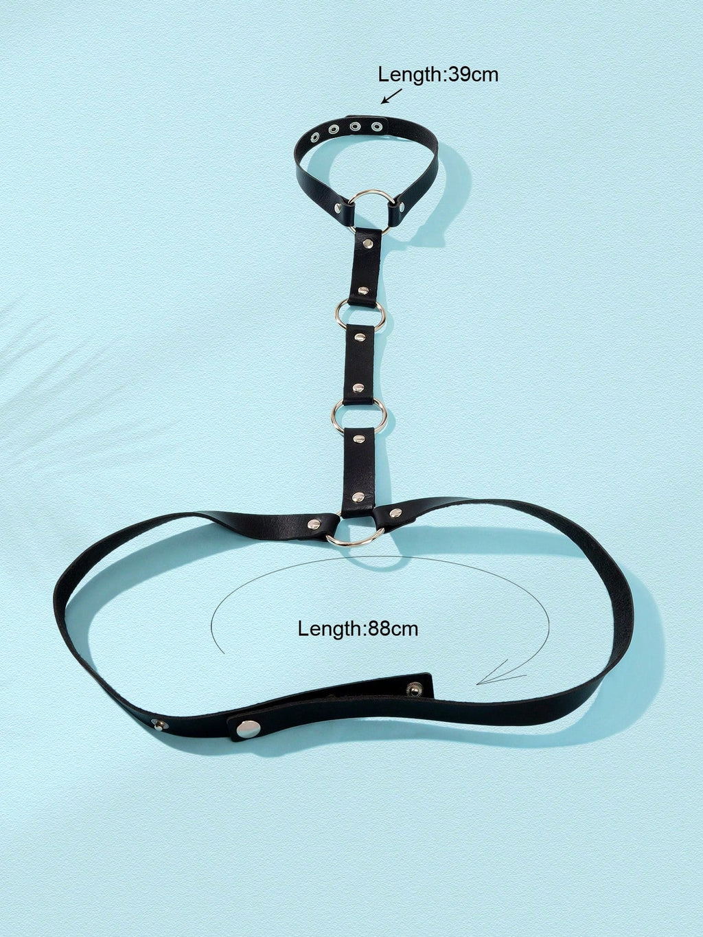 Black PU leather body harness with silver waist chains and adjustable buckles for rave and nightclub — view 2